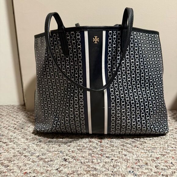 Tory Burch Gemini Link Canvas Tote Navy Black Striped Chain Print Large Bag - Picture 3 of 16